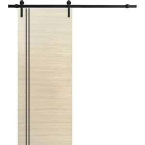 Sliding Barn Door with Hardware | Planum 0016 Natural Veneer and Aluminum Strips | 6.6FT Rail Hangers Sturdy Set | Modern Solid Panel Interior Doors
