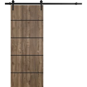 Sliding Barn Door with Hardware | Planum 0015 Walnut and Aluminum Strips | 6.6FT Rail Hangers Sturdy Set | Modern Solid Panel Interior Doors