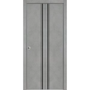 Sliding Closet Bi-fold Doors | Planum 0011 Concrete and Aluminum Strips | Sturdy Tracks Moldings Trims Hardware Set | Wood Solid Bedroom Wardrobe Doors