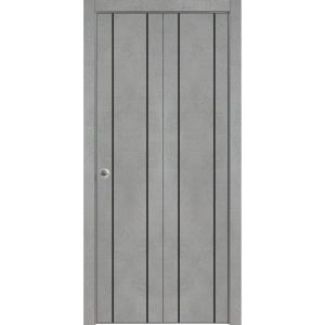 Sliding Closet Bi-fold Doors | Planum 0017 Concrete and Aluminum Strips | Sturdy Tracks Moldings Trims Hardware Set | Wood Solid Bedroom Wardrobe Doors