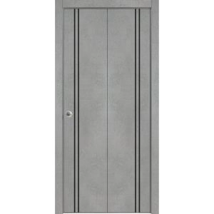 Sliding Closet Bi-fold Doors | Planum 0016 Concrete and Aluminum Strips | Sturdy Tracks Moldings Trims Hardware Set | Wood Solid Bedroom Wardrobe Doors
