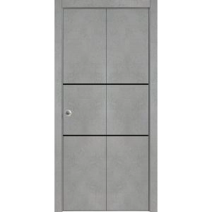 Sliding Closet Bi-fold Doors | Planum 0014 Concrete and Aluminum Strips | Sturdy Tracks Moldings Trims Hardware Set | Wood Solid Bedroom Wardrobe Doors