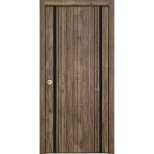 Sliding Closet Bi-fold Doors | Planum 0011 Walnut and Aluminum Strips | Sturdy Tracks Moldings Trims Hardware Set | Wood Solid Bedroom Wardrobe Doors