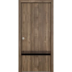 Sliding Closet Bi-fold Doors | Planum 0012 Walnut and Aluminum Strips | Sturdy Tracks Moldings Trims Hardware Set | Wood Solid Bedroom Wardrobe Doors