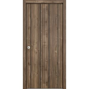 Sliding Closet Bi-fold Doors | Planum 0017 Walnut and Aluminum Strips | Sturdy Tracks Moldings Trims Hardware Set | Wood Solid Bedroom Wardrobe Doors