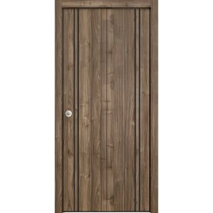 Sliding Closet Bi-fold Doors | Planum 0016 Walnut and Aluminum Strips | Sturdy Tracks Moldings Trims Hardware Set | Wood Solid Bedroom Wardrobe Doors