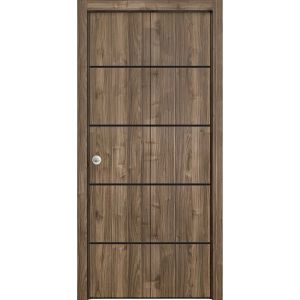 Sliding Closet Bi-fold Doors | Planum 0015 Walnut and Aluminum Strips | Sturdy Tracks Moldings Trims Hardware Set | Wood Solid Bedroom Wardrobe Doors