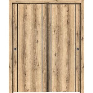 Sliding Closet Bypass Doors | Planum 0017 Oak and Aluminum Strips | Sturdy Rails Moldings Trims Hardware Set | Wood Solid Bedroom Wardrobe Doors-36" x 80" (2* 18x80)
