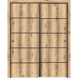 Sliding Closet Bypass Doors | Planum 0015 Oak and Aluminum Strips | Sturdy Rails Moldings Trims Hardware Set | Wood Solid Bedroom Wardrobe Doors