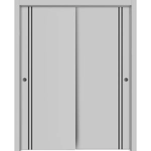 Sliding Closet Bypass Doors | Planum 0016 Matte Grey and Aluminum Strips | Sturdy Rails Moldings Trims Hardware Set | Wood Solid Bedroom Wardrobe Doors