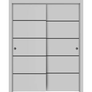Sliding Closet Bypass Doors | Planum 0015 Matte Grey and Aluminum Strips | Sturdy Rails Moldings Trims Hardware Set | Wood Solid Bedroom Wardrobe Doors
