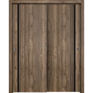 Sliding Closet Bypass Doors | Planum 0011 Walnut and Aluminum Strips | Sturdy Rails Moldings Trims Hardware Set | Wood Solid Bedroom Wardrobe Doors