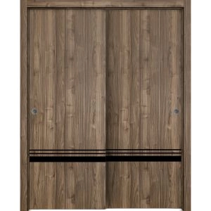 Sliding Closet Bypass Doors | Planum 0012 Walnut and Aluminum Strips | Sturdy Rails Moldings Trims Hardware Set | Wood Solid Bedroom Wardrobe Doors