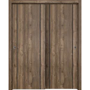 Sliding Closet Bypass Doors | Planum 0017 Walnut and Aluminum Strips | Sturdy Rails Moldings Trims Hardware Set | Wood Solid Bedroom Wardrobe Doors