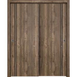 Sliding Closet Bypass Doors | Planum 0016 Walnut and Aluminum Strips | Sturdy Rails Moldings Trims Hardware Set | Wood Solid Bedroom Wardrobe Doors