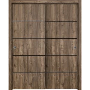 Sliding Closet Bypass Doors | Planum 0015 Walnut and Aluminum Strips | Sturdy Rails Moldings Trims Hardware Set | Wood Solid Bedroom Wardrobe Doors