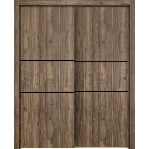 Sliding Closet Bypass Doors | Planum 0014 Walnut and Aluminum Strips | Sturdy Rails Moldings Trims Hardware Set | Wood Solid Bedroom Wardrobe Doors