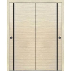 Sliding Closet Bypass Doors | Planum 0011 Natural Veneer and Aluminum Strips | Sturdy Rails Moldings Trims Hardware Set | Wood Solid Bedroom Wardrobe Doors