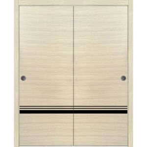Sliding Closet Bypass Doors | Planum 0012 Natural Veneer and Aluminum Strips | Sturdy Rails Moldings Trims Hardware Set | Wood Solid Bedroom Wardrobe Doors