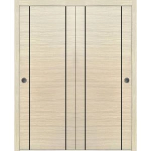 Sliding Closet Bypass Doors | Planum 0017 Natural Veneer and Aluminum Strips | Sturdy Rails Moldings Trims Hardware Set | Wood Solid Bedroom Wardrobe Doors-36" x 80" (2* 18x80)