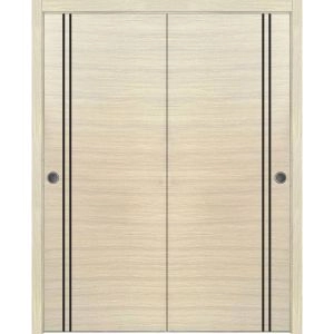 Sliding Closet Bypass Doors | Planum 0016 Natural Veneer and Aluminum Strips | Sturdy Rails Moldings Trims Hardware Set | Wood Solid Bedroom Wardrobe Doors