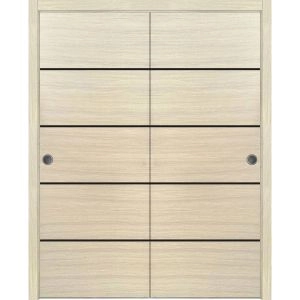 Sliding Closet Bypass Doors | Planum 0015 Natural Veneer and Aluminum Strips | Sturdy Rails Moldings Trims Hardware Set | Wood Solid Bedroom Wardrobe Doors