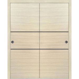 Sliding Closet Bypass Doors | Planum 0014 Natural Veneer and Aluminum Strips | Sturdy Rails Moldings Trims Hardware Set | Wood Solid Bedroom Wardrobe Doors