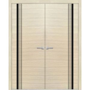 Planum Solid French Double Doors | Planum 0011 Natural Veneer and Aluminum Strips | Wood Solid Panel Frame Trims | Closet Bedroom Sturdy Doors