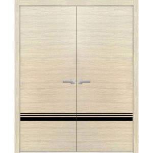 Planum Solid French Double Doors | Planum 0012 Natural Veneer and Aluminum Strips | Wood Solid Panel Frame Trims | Closet Bedroom Sturdy Doors