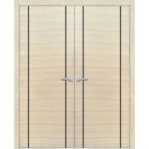 Solid French Double Doors | Planum 0017 Natural Veneer and Aluminum Strips | Wood Solid Panel Frame Trims | Closet Bedroom Sturdy Doors -36" x 80" (2* 18x80)