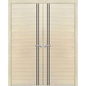 Planum Solid French Double Doors | Planum 0016 Natural Veneer and Aluminum Strips | Wood Solid Panel Frame Trims | Closet Bedroom Sturdy Doors