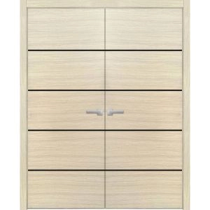Planum Solid French Double Doors | Planum 0015 Natural Veneer and Aluminum Strips | Wood Solid Panel Frame Trims | Closet Bedroom Sturdy Doors