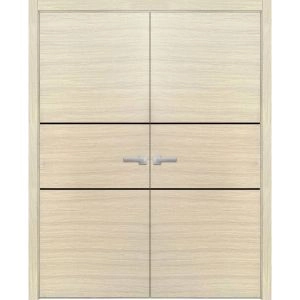 Planum Solid French Double Doors | Planum 0014 Natural Veneer and Aluminum Strips | Wood Solid Panel Frame Trims | Closet Bedroom Sturdy Doors