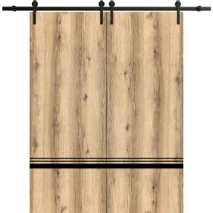 Sliding Double Barn Doors with Hardware | Planum 0012 Oak and Aluminum Strips | 13FT Rail Hangers Sturdy Set | Modern Solid Panel Interior Hall Bedroom Bathroom Door