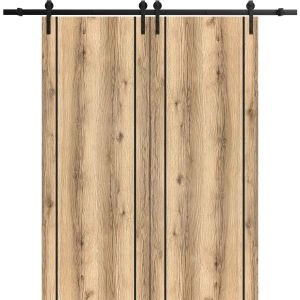 Sliding Double Barn Doors with Hardware | Planum 0017 Oak and Aluminum Strips | 13FT Rail Hangers Sturdy Set | Modern Solid Panel Interior Hall Bedroom Bathroom Door-36" x 80" (2* 18x80)