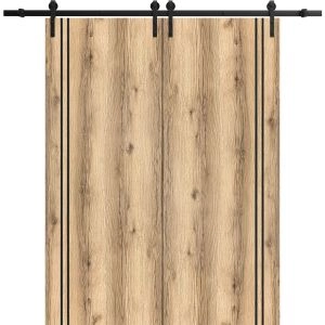 Sliding Double Barn Doors with Hardware | Planum 0016 Oak and Aluminum Strips | 13FT Rail Hangers Sturdy Set | Modern Solid Panel Interior Hall Bedroom Bathroom Door