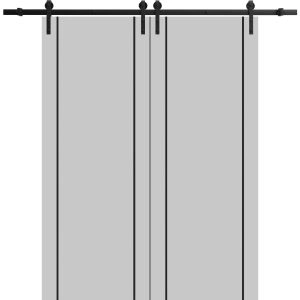 Sliding Double Barn Doors with Hardware | Planum 0017 Matte Grey and Aluminum Strips | 13FT Rail Hangers Sturdy Set | Modern Solid Panel Interior Hall Bedroom Bathroom Door