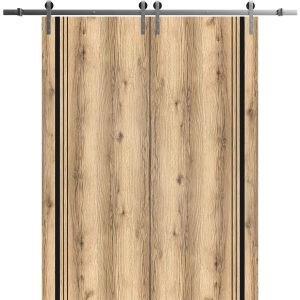 Sliding Double Barn Doors with Hardware | Planum 0011 Oak and Aluminum Strips | Silver 13FT Rail Hangers Sturdy Set | Modern Solid Panel Interior Hall Bedroom Bathroom Door