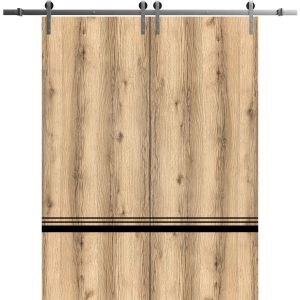 Sliding Double Barn Doors with Hardware | Planum 0012 Oak and Aluminum Strips | Silver 13FT Rail Hangers Sturdy Set | Modern Solid Panel Interior Hall Bedroom Bathroom Door