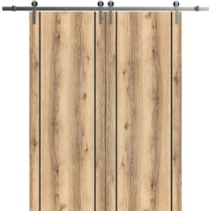 Sliding Double Barn Doors with Hardware | Planum 0017 Oak and Aluminum Strips | 13FT Rail Hangers Sturdy Set | Modern Solid Panel Interior Hall Bedroom Bathroom Door-36" x 80" (2* 18x80)