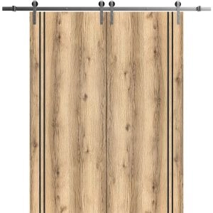 Sliding Double Barn Doors with Hardware | Planum 0016 Oak and Aluminum Strips | Silver 13FT Rail Hangers Sturdy Set | Modern Solid Panel Interior Hall Bedroom Bathroom Door