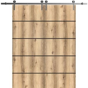 Sliding Double Barn Doors with Hardware | Planum 0015 Oak and Aluminum Strips | Silver 13FT Rail Hangers Sturdy Set | Modern Solid Panel Interior Hall Bedroom Bathroom Door