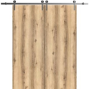 Sliding Double Barn Doors with Hardware | Planum 0010 Oak | Silver 13FT Rail Hangers Sturdy Set | Modern Solid Panel Interior Hall Bedroom Bathroom Door