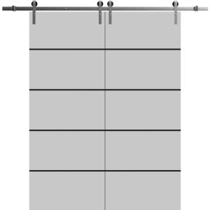 Sliding Double Barn Doors with Hardware | Planum 0015 Matte Grey and Aluminum Strips | Silver 13FT Rail Hangers Sturdy Set | Modern Solid Panel Interior Hall Bedroom Bathroom Door