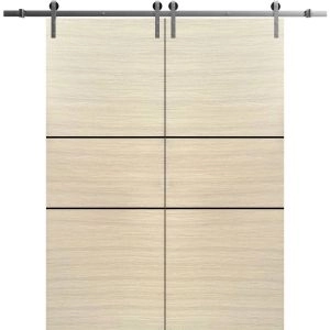 Sliding Double Barn Doors with Hardware | Planum 0014 Natural Veneer and Aluminum Strips | Silver 13FT Rail Hangers Sturdy Set | Modern Solid Panel Interior Hall Bedroom Bathroom Door