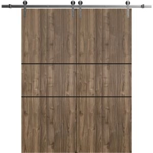 Sliding Double Barn Doors with Hardware | Planum 0014 Walnut and Aluminum Strips | Silver 13FT Rail Hangers Sturdy Set | Modern Solid Panel Interior Hall Bedroom Bathroom Door