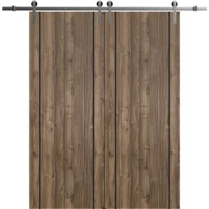 Sliding Double Barn Doors with Hardware | Planum 0017 Walnut and Aluminum Strips | Silver 13FT Rail Hangers Sturdy Set | Modern Solid Panel Interior Hall Bedroom Bathroom Door
