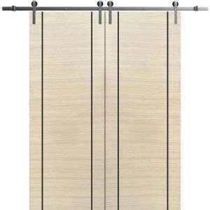 Sliding Double Barn Doors with Hardware | Planum 0017 Natural Veneer and Aluminum Strips | 13FT Rail Hangers Sturdy Set | Modern Solid Panel Interior Hall Bedroom Bathroom Door-36" x 80" (2* 18x80)
