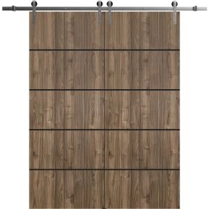 Sliding Double Barn Doors with Hardware | Planum 0015 Walnut and Aluminum Strips | Silver 13FT Rail Hangers Sturdy Set | Modern Solid Panel Interior Hall Bedroom Bathroom Door