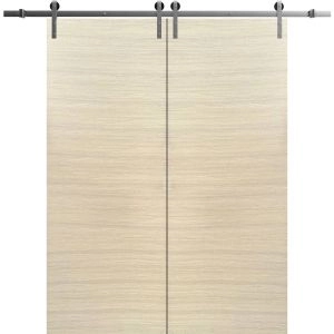 Sliding Double Barn Doors with Hardware | Planum 0010 Natural Veneer | Silver 13FT Rail Hangers Sturdy Set | Modern Solid Panel Interior Hall Bedroom Bathroom Door